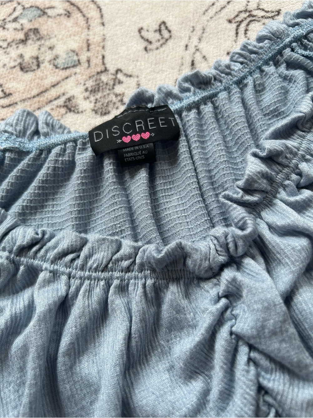 Discreet - Dusty Blue Ruched Ruffle Off The Shoulder Crop Top - Picture 3 of 10